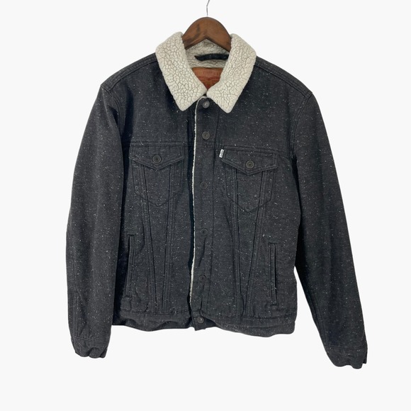 Levi's Black Wash Sherpa Lined Denim Trucker Jacket Size Medium - Picture 1 of 8